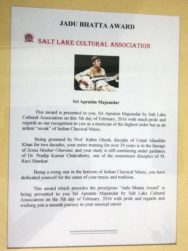 Jadu Bhatta Award from Salt Lake Cultural Association
